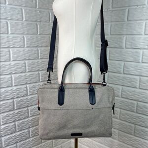 BEN MINKOFF FULTON MESSENGER BRIEFCASE BLACK WHITE FABRIC NAVY LEATHER TRIM